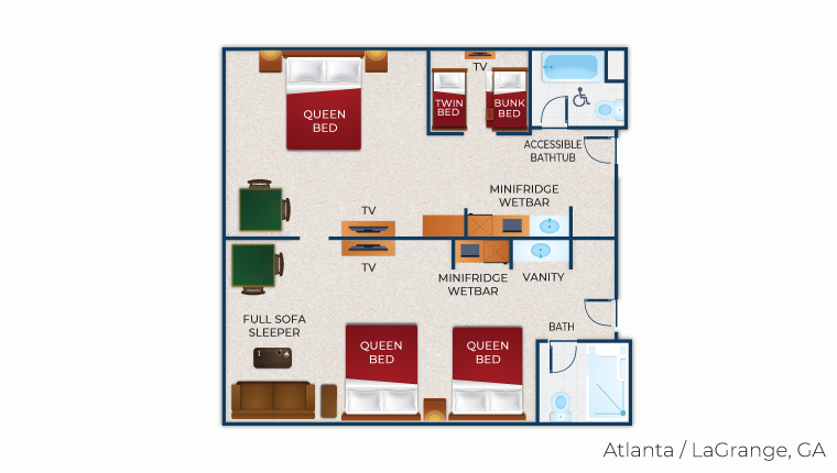 The floor plan for the accessible Deluxe KidCabin Suite